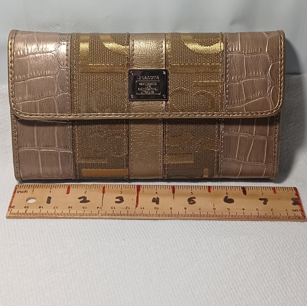 Liz Claiborne Taupe and Gold LC Fabric Wallet - Size 7.5” x 4.25”